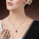 Rhodium Plated Silver Toned Violet Tear dropped  Shaped American Diamond Studded Pendant Combo With Ring