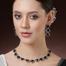 Rhodium Plated Silver Toned Purple Trillion Cut AD Studded Necklace With Matching Drop Earrings