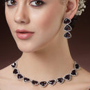Rhodium Plated Silver Toned Purple Trillion Cut AD Studded Necklace With Matching Drop Earrings