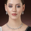 Rhodium Plated Silver Toned Zig Zag Design White AD Studded Necklace Set With Earrings