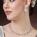 Rhodium Plated Silver Toned Zig Zag Design White AD Studded Necklace Set With Earrings