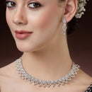 Rhodium Plated Silver Toned Marquise Shaped White American Diamond Studded  Necklace With Matching Drop Earrings