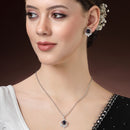 Rhodium Plated Silver Toned Royal Blue Tear dropped  Shaped American Diamond Studded Pendant Combo With Ring