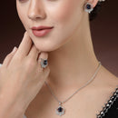 Rhodium Plated Silver Toned Royal Blue Tear dropped  Shaped American Diamond Studded Pendant Combo With Ring