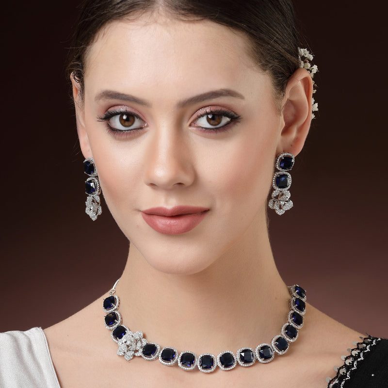 Rhodium Plated Silver Toned Blue Cussion Cut AD Studded  Necklace With Matching Drop Earrings