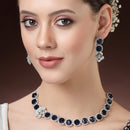 Rhodium Plated Silver Toned Blue Cussion Cut AD Studded  Necklace With Matching Drop Earrings