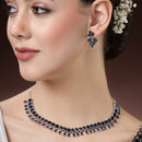Rhodium-Plated Silver Toned Pear Shaped American Diamond Studded Necklace with Earrings Jewellery Set with Girls and Women (Royal Blue)