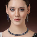 Rhodium Plated Silver Toned Blue Floral American Diamond Studded Necklace With Matching Earrings