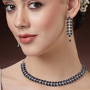 Rhodium Plated Silver Toned Blue Floral American Diamond Studded Necklace With Matching Earrings