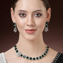 Rhodium Plated Silver Toned Green Cussion Cut AD Studded  Necklace With Matching Drop Earrings