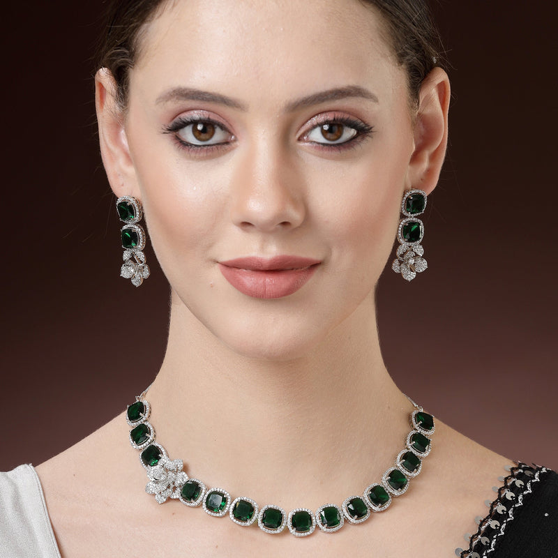 Rhodium Plated Silver Toned Green Cussion Cut AD Studded  Necklace With Matching Drop Earrings