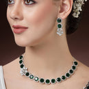 Rhodium Plated Silver Toned Green Cussion Cut AD Studded  Necklace With Matching Drop Earrings