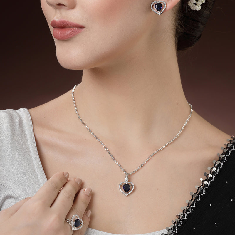 Rhodium Plated Silver Toned Heart Shaped Royal Blue American Diamond Studded Pendant Combo With Ring