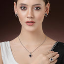 Rhodium Plated Silver Toned Heart Shaped Royal Blue American Diamond Studded Pendant Combo With Ring