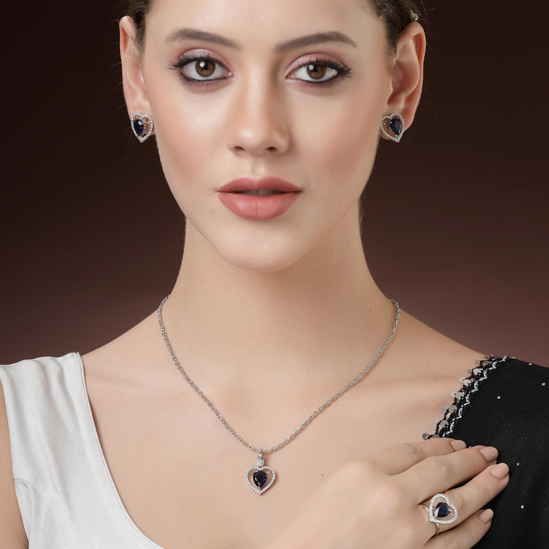 Rhodium Plated Silver Toned Heart Shaped Royal Blue American Diamond Studded Pendant Combo With Ring