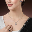 Rhodium Plated Silver Toned Tear Dropped Shaped Royal Blue American Diamond Studded Pendant Combo With Ring