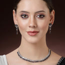 Rhodium Plated Silver Toned Blue American Diamond  Studded Classic Necklace With Floral Drop Earrings