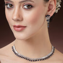 Rhodium Plated Silver Toned Blue American Diamond  Studded Classic Necklace With Floral Drop Earrings