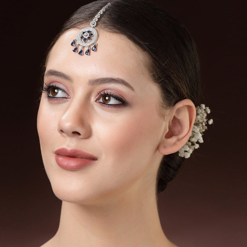 Rhodium Plated Silver Toned Blue American Diamond  Maang Tikka for Women with Elegant Dangling Stones