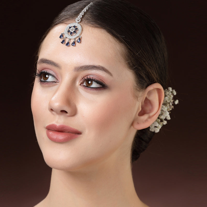 Rhodium Plated Silver Toned Blue American Diamond  Maang Tikka for Women with Elegant Dangling Stones