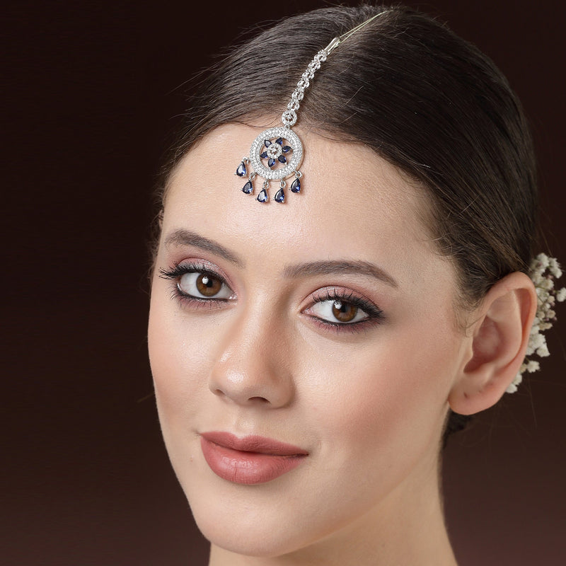 Rhodium Plated Silver Toned Blue American Diamond  Maang Tikka for Women with Elegant Dangling Stones