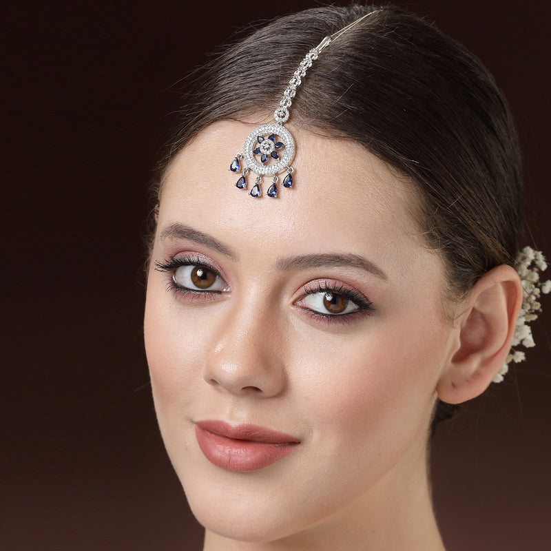 Rhodium Plated Silver Toned Blue American Diamond  Maang Tikka for Women with Elegant Dangling Stones