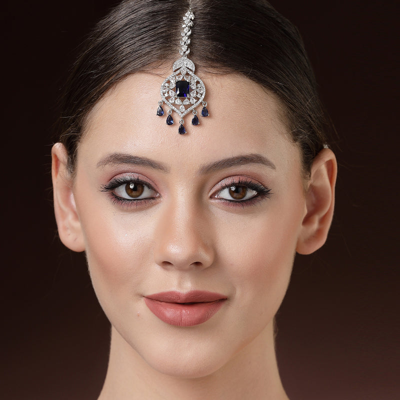 Rhodium Plated Silver Toned Blue American Diamond Pear Maang Tikka with Elegant Dangling Stones