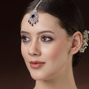 Rhodium Plated Silver Toned Blue American Diamond Pear Maang Tikka with Elegant Dangling Stones