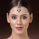 Rhodium Plated Silver Toned Blue & White American Diamond Bridal Maang Tikka With Dangling Teardrop Stones