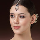 Rhodium Plated Silver Toned Blue & White American Diamond Bridal Maang Tikka With Dangling Teardrop Stones