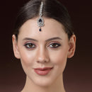 Rhodium Plated Silver Toned Blue American Diamond  Floral Teardrop Maang Tikka  with Elegant Dangling Stones