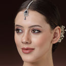 Rhodium Plated Silver Toned Blue American Diamond  Floral Teardrop Maang Tikka  with Elegant Dangling Stones