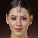 Rhodium Plated Silver Toned Floral Blue American Diamond Studded Maang Tikka with Elegant Dangling Stones