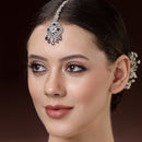 Rhodium Plated Silver Toned Floral Blue American Diamond Studded Maang Tikka with Elegant Dangling Stones