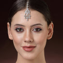 Rhodium Plated Silver Toned Dazzling White American Diamond Bridal Maang Tikka With Dangling Teardrop Stones