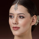Rhodium Plated Silver Toned Dazzling White American Diamond Bridal Maang Tikka With Dangling Teardrop Stones