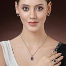 Rhodium Plated Silver Toned Square Shaped Violet American Diamond Studded Pendant Combo With Ring