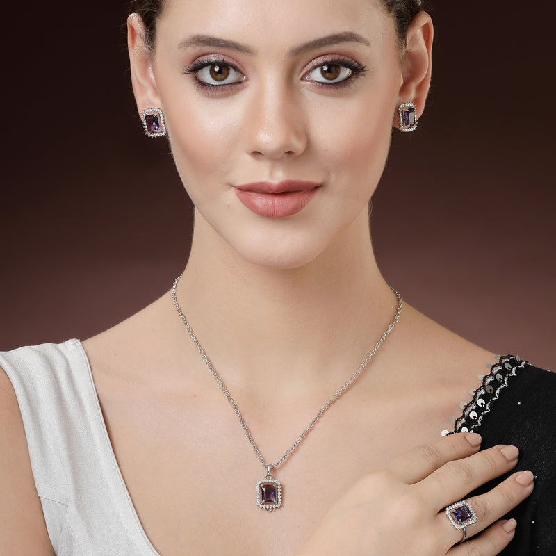 Rhodium Plated Silver Toned Square Shaped Violet American Diamond Studded Pendant Combo With Ring