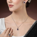 Rhodium Plated Silver Toned Square Shaped Violet American Diamond Studded Pendant Combo With Ring