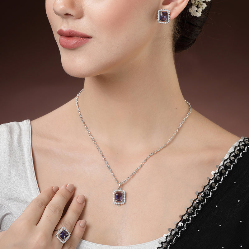 Rhodium Plated Silver Toned Square Shaped Violet American Diamond Studded Pendant Combo With Ring