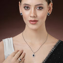 Rhodium Plated Silver Toned Oval Shaped Violet American Diamond Studded Pendant Combo With Ring