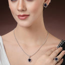 Rhodium Plated Silver Toned Royal Blue American Diamond Studded Pendant Combo With Ring