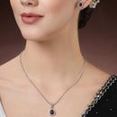 Rhodium Plated Silver Toned Tear Dropped Shaped Royal Blue American Diamond Studded Pendant Set