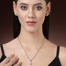 Rhodium Plated Silver Toned Tear Dropped Shaped Crystal White American Diamond Studded Pendant Set