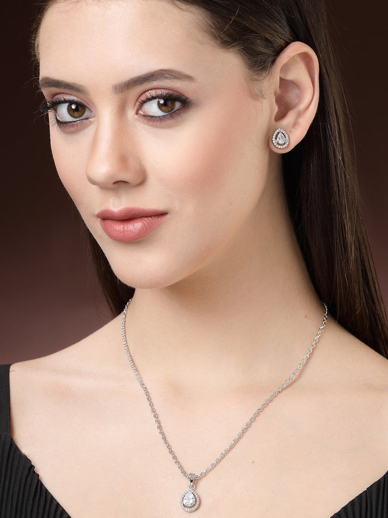 Rhodium Plated Silver Toned Tear Dropped Shaped Crystal White American Diamond Studded Pendant Set