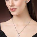 Rhodium Plated Silver Toned Tear Dropped Shaped Crystal White American Diamond Studded Pendant Set