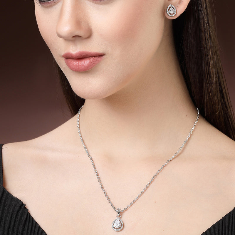 Rhodium Plated Silver Toned Tear Dropped Shaped Crystal White American Diamond Studded Pendant Set
