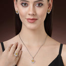 Rhodium Plated Silver Toned Yellow Tear dropped Shaped American Diamond Studded Pendant Combo With Ring