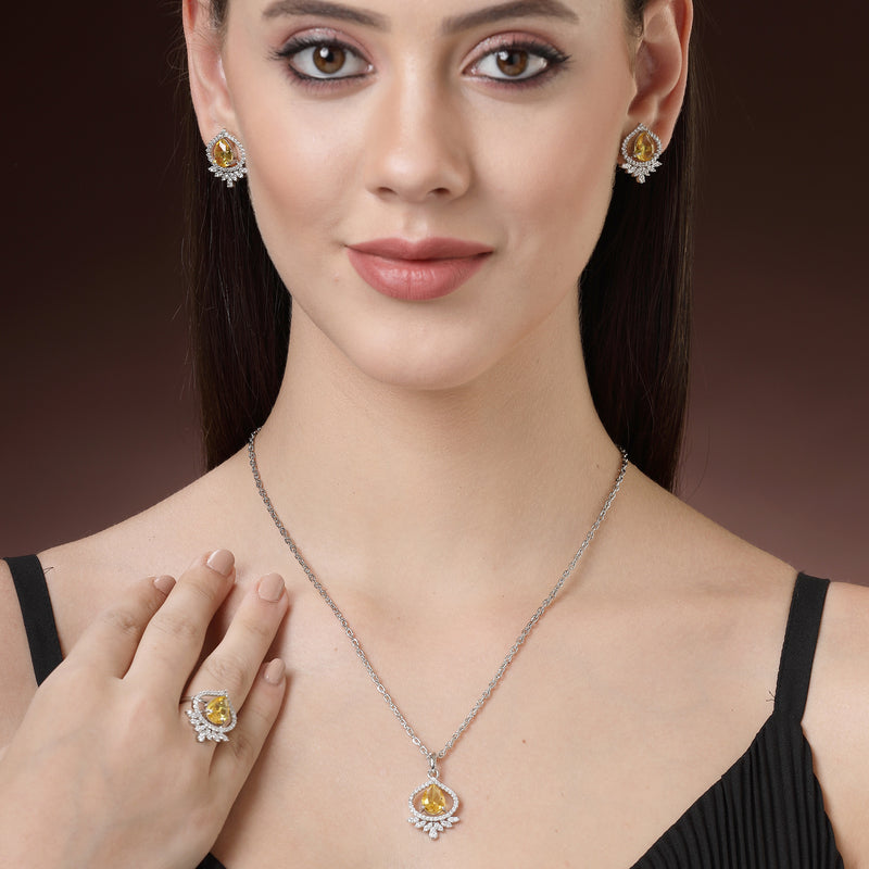 Rhodium Plated Silver Toned Yellow Tear dropped Shaped American Diamond Studded Pendant Combo With Ring