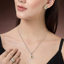 Rhodium Plated Silver Toned Oval Shaped Yellow American Diamond Studded Pendant Combo With Ring